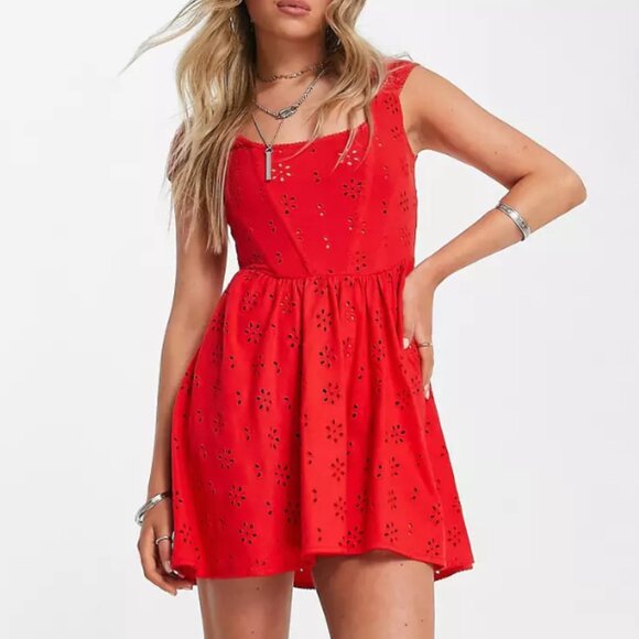 ASOS DESIGN Eyelet Corset Mini Dress - Red - Size 6 BNWT - Picture 1 of 5